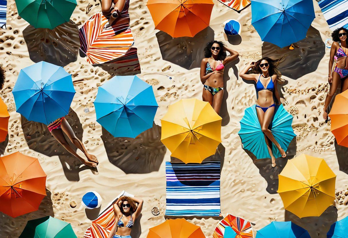 A vibrant beach scene showcasing a diverse group of stylish individuals in trendy swimwear, lounging under bright umbrellas, playing beach volleyball, and splashing in crystal clear water. Include palm trees swaying gently in the breeze and colorful beach towels spread across the sand. Emphasize the fashion of the swim attire with bold patterns and unique designs. Capture the essence of summer and adventure. super-realistic. vibrant colors. sunny atmosphere.